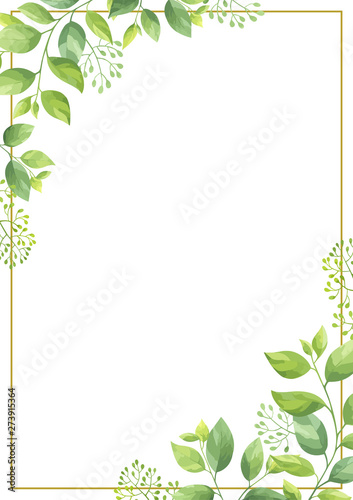 Floral frame template. Green leaves border. Vector illustration.