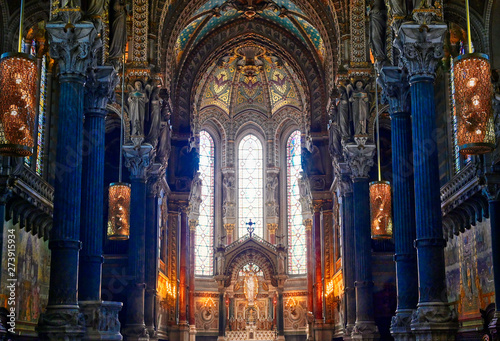 LYON, FRANCE - JUNE 13, 2019 : The Basilica Notre Dame de Fourviere, built between 1872 and 1884, located in Lyon, France.