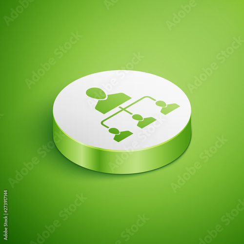 Isometric Referral marketing icon isolated on green background. Network marketing, business partnership, referral program strategy. White circle button. Vector Illustration
