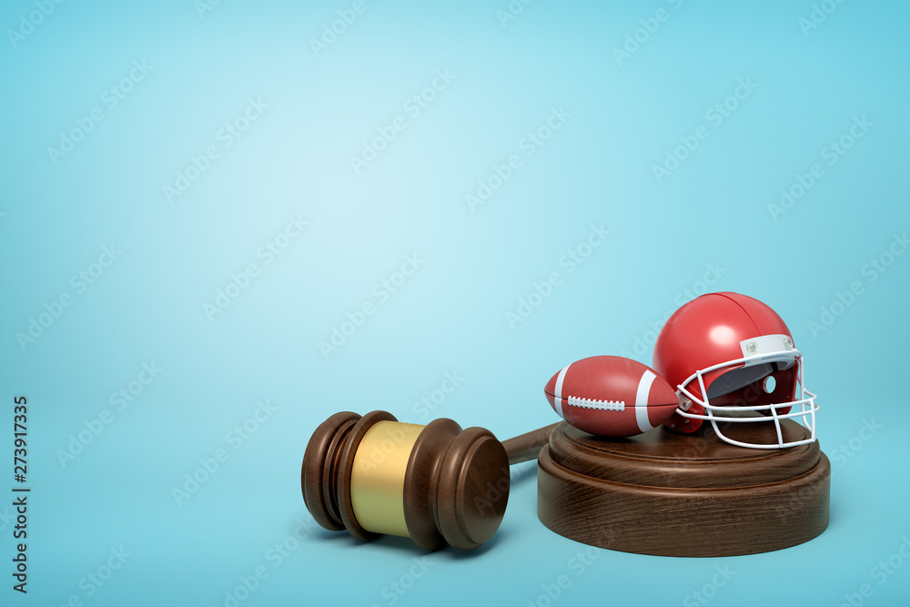 Φωτογραφία 3d rendering of ball and helmet for American football on sounding block with judge gavel lying beside on light-blue background