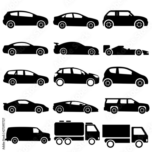 Car icon side view set, black silhouette. Road vehicle with four wheels, business transportation and automobile sport. Vector different cars illustration