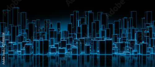 Abstract futuristic blocks city with wire frame in blue shade on mirror floor. Digital future architecture technology background concept. 3D render.