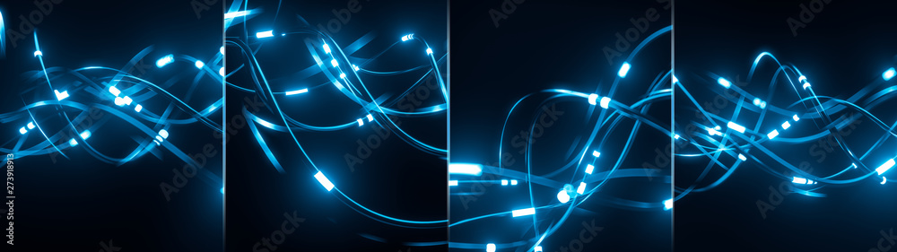 Digital wires with moving information impulse. Creative composition with cables transfering big data and neon light. Twisted lines in motion. Colorful vortex, abstract wide background. 3d rendering - obrazy, fototapety, plakaty 