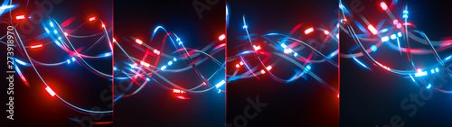 Digital wires with moving information impulse. Creative composition with cables transfering big data and neon light. Twisted lines in motion. Colorful vortex, abstract wide background. 3d rendering
