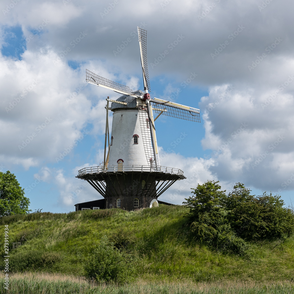 White windmill on a green hill  shot on a sunny spring day, the Netherlands