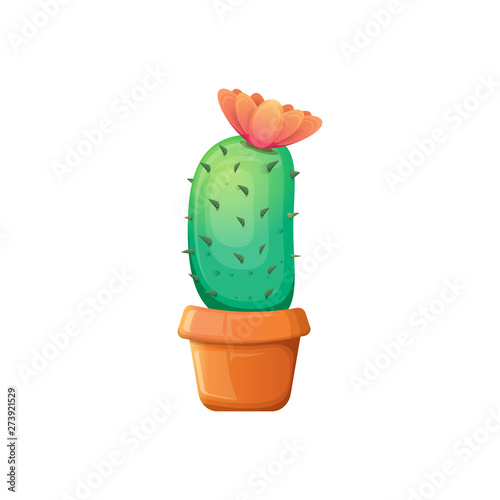 vector cartoon green cactus in pot isolated on white background. funny houseplant icon