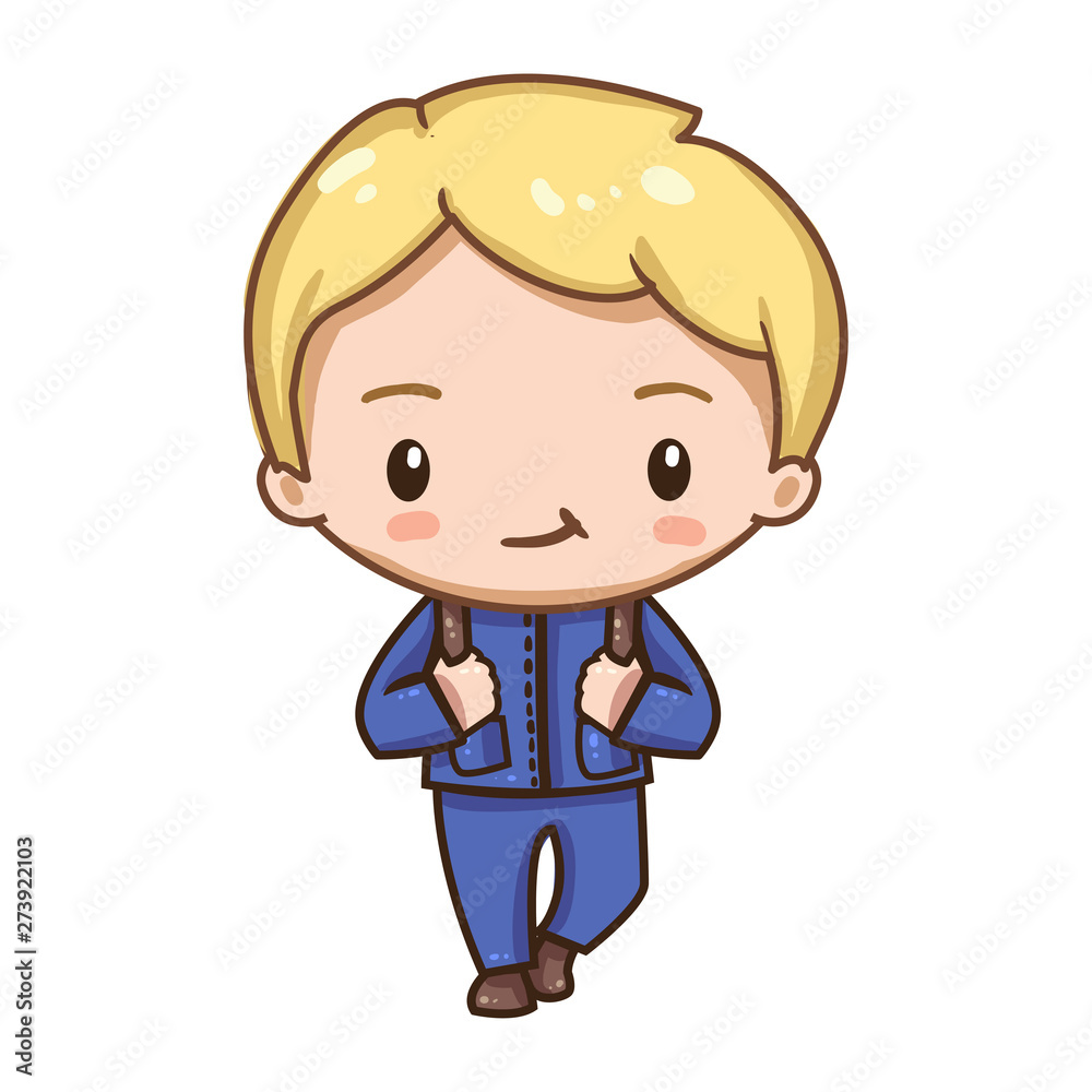 Vector illustration of cute chibi character isolated on white background. Cartoon little school boy in blue formal suits.   