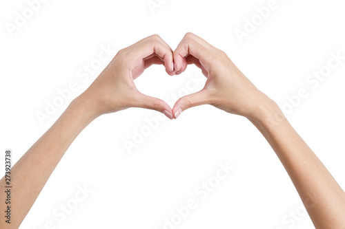 woman hands shaping heart symbol by back side isolated on white background