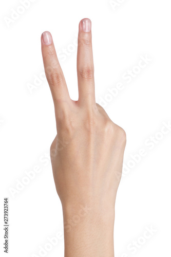 woman hands gesturing sign victory by back hand side isolated on white background