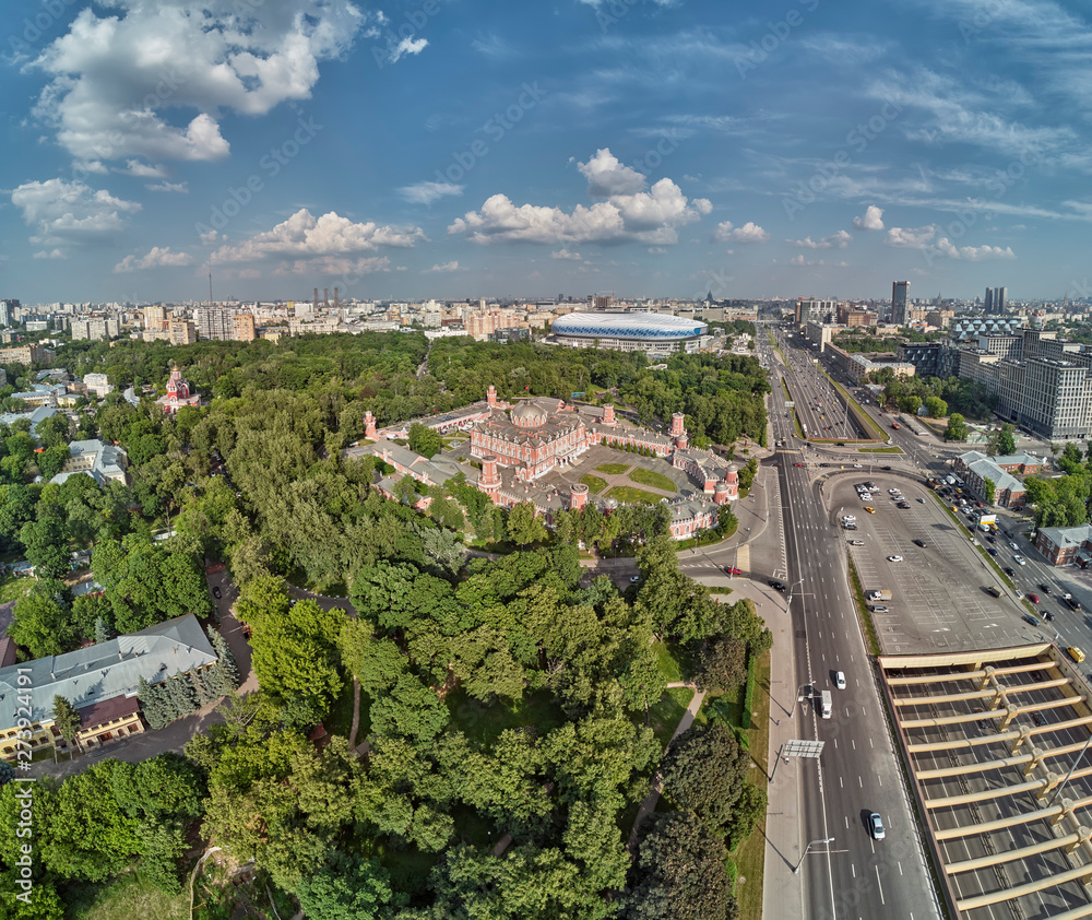 Petrovsky Palace on Leningradskii avenue in sping day. Aerial drone view. Moscow, Russia