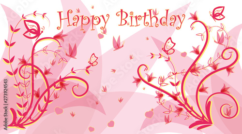 Birthday card. Ornate branches, flowers and a lot of flying butterflies. Ready template congratulations. Inscription Happy Birthday. Vector illustration for your holiday.