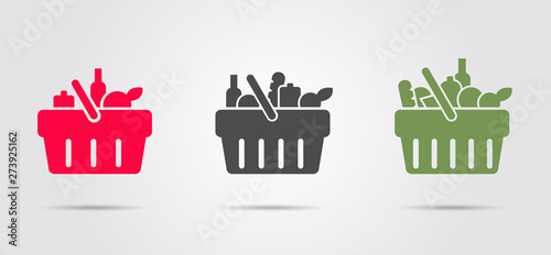 Food basket from super market, set of three pictograms filled with different goods