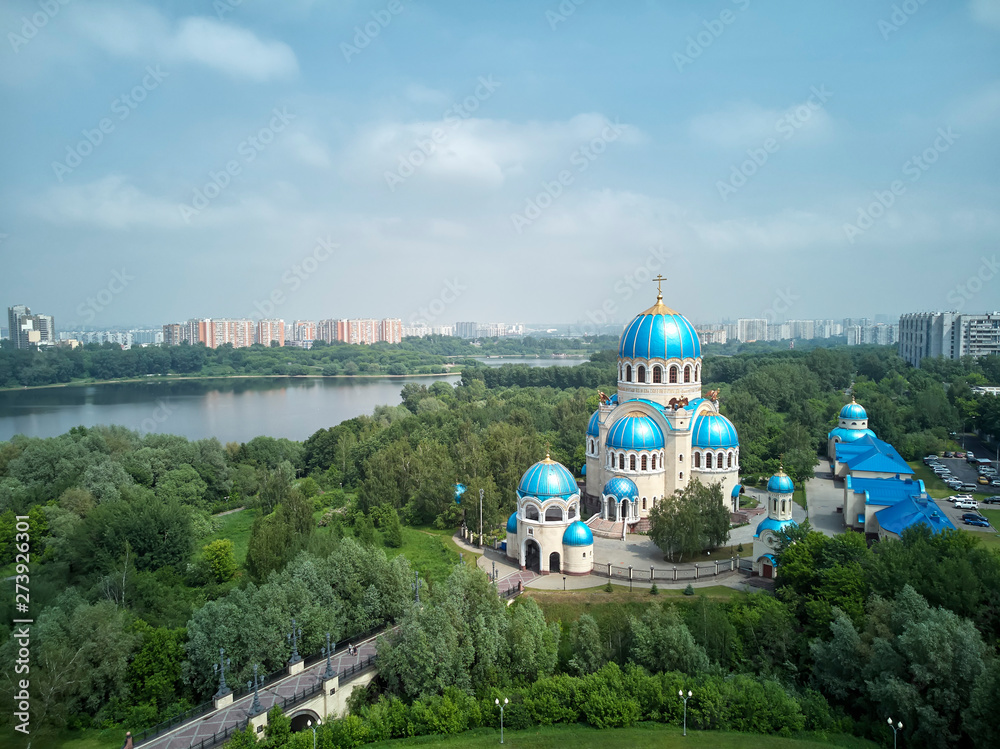 The domes of the Church of the Holy Trinity in Orekhovo-Borisovoon kashirskoe highway, Moscow, Russia. Aerial drone view