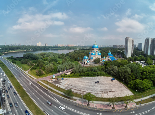 The domes of the Church of the Holy Trinity in Orekhovo-Borisovoon kashirskoe highway, Moscow, Russia. Aerial drone view