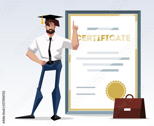 Professional certification, business education concepts. Happy man with a finger up in suit with diploma and gold award medal. Flat design illustration businessman showing thumbs up gesture.