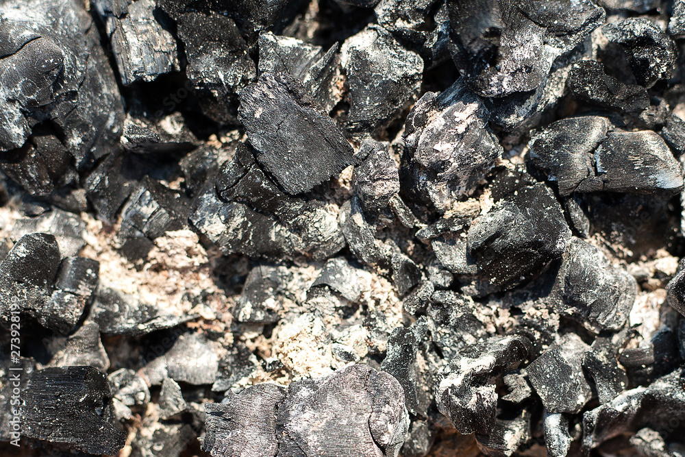 Coals in an extinct fire. Natural background. Remains of wood coal and ...