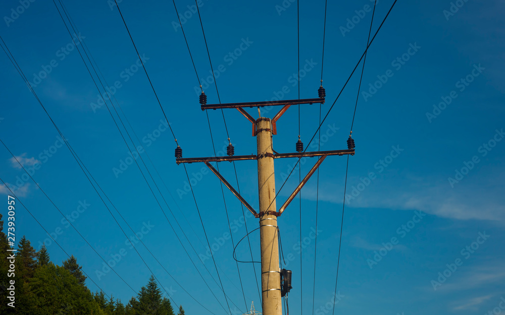 pole with wires, power and energy concept. clear blue sky pole with wires, power and energy concept. clear blue sky