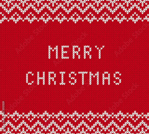 Merry christmas greetings on knitted textured background. Knit geometric ornament with merry christmas text.
