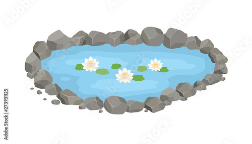 Cartoon vector garden pond illustration with water, stones and water lilies.