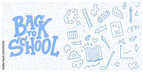 Welcome back to school lettering quote and doodle background. Template for sale tag. Hand drawn badge. Education concept. Typography emblem. Vector