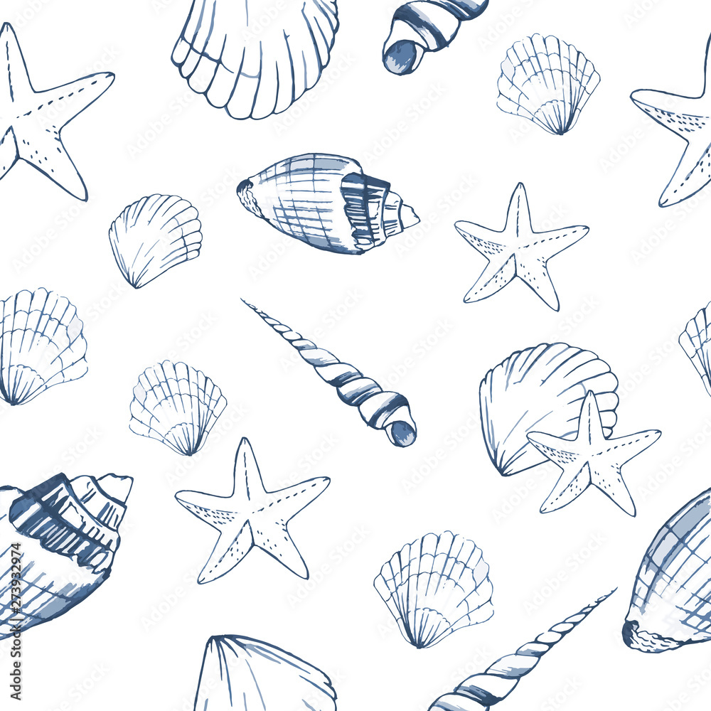 Seamless pattern with seashells. Marine background