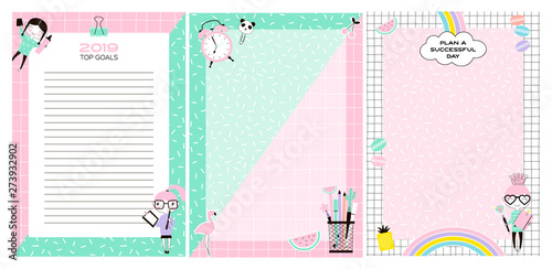 Blank planner book pages flat vector concept set. Empty childish notebook, copybook sheets pack. Girly time management banners with text space and little children. Task planning, goal achievement