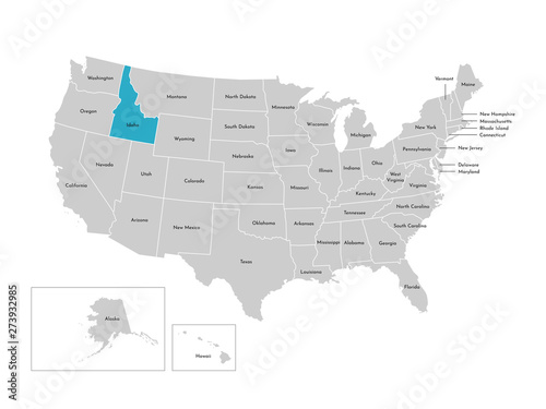 Vector isolated illustration of simplified administrative map of the USA. Borders of the states with names. Blue silhouette of Idaho (state)