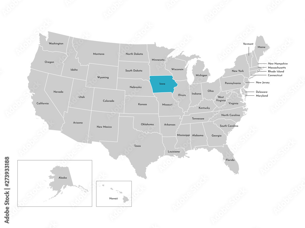 Naklejka premium Vector isolated illustration of simplified administrative map of the USA. Borders of the states with names. Blue silhouette of Iowa (state)