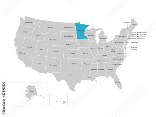 Vector isolated illustration of simplified administrative map of the USA. Borders of the states with names. Blue silhouette of Minnesota (state)