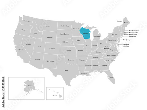 Vector isolated illustration of simplified administrative map of the USA. Borders of the states with names. Blue silhouette of Wisconsin (state)