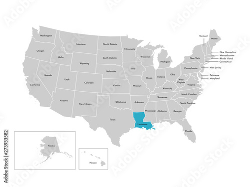 Vector isolated illustration of simplified administrative map of the USA. Borders of the states with names. Blue silhouette of Louisiana (state)