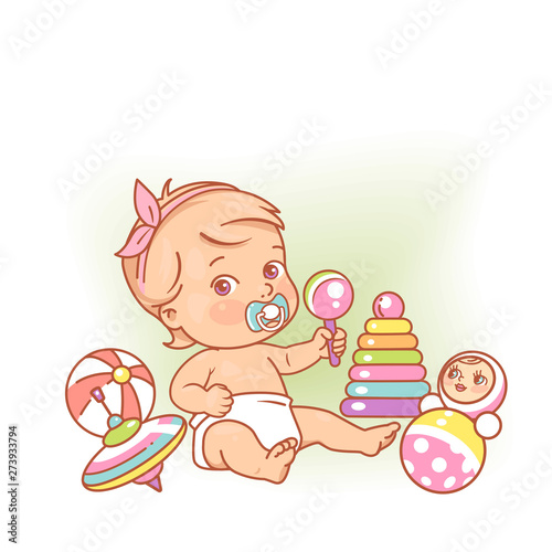 Little baby girl in diaper sitting playing with toys.