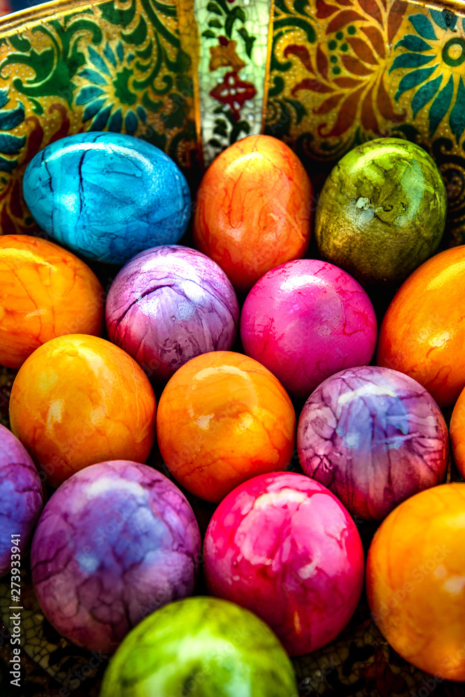 colorful easter eggs in a beautiful bowl colorful easter eggs in a beautiful bowl