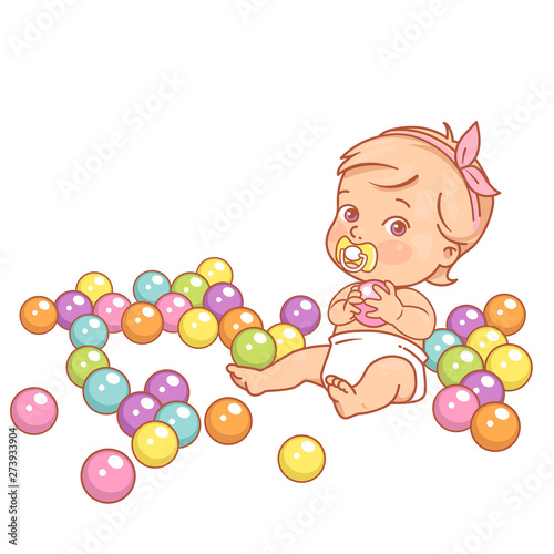 Little baby girl in diaper hold plastic ball. 
