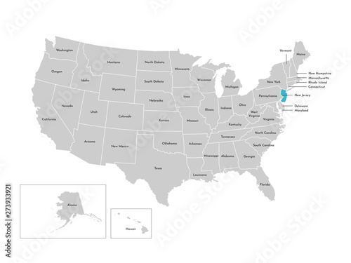 Vector isolated illustration of simplified administrative map of the USA. Borders of the states with names. Blue silhouette of New Jersey (state)
