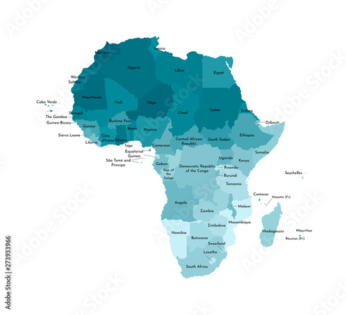 Vector isolated illustration with African continent with borders and names of all states. Political map. White background and outline, blue shapes. Note: Morocco and Western Sahara shown separately