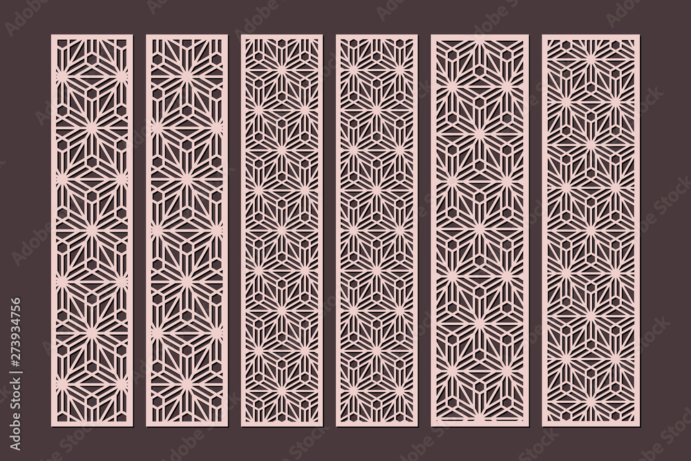 Laser cut decorative ornamental borders patterns in japanese kumiko style.  Set of bookmarks templates. Geometric hexagon ornamental panels. Metal,  paper or wood carving. Outdoor screen. Stock Vector | Adobe Stock