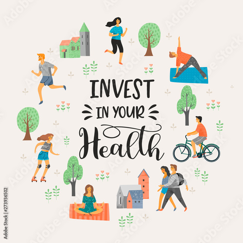 Vector tempale with people leading an active healthy lifestyle.