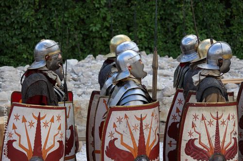 Legionaries of a Roman Legion on a march. Reconstruction of military forces in Ancient Rome