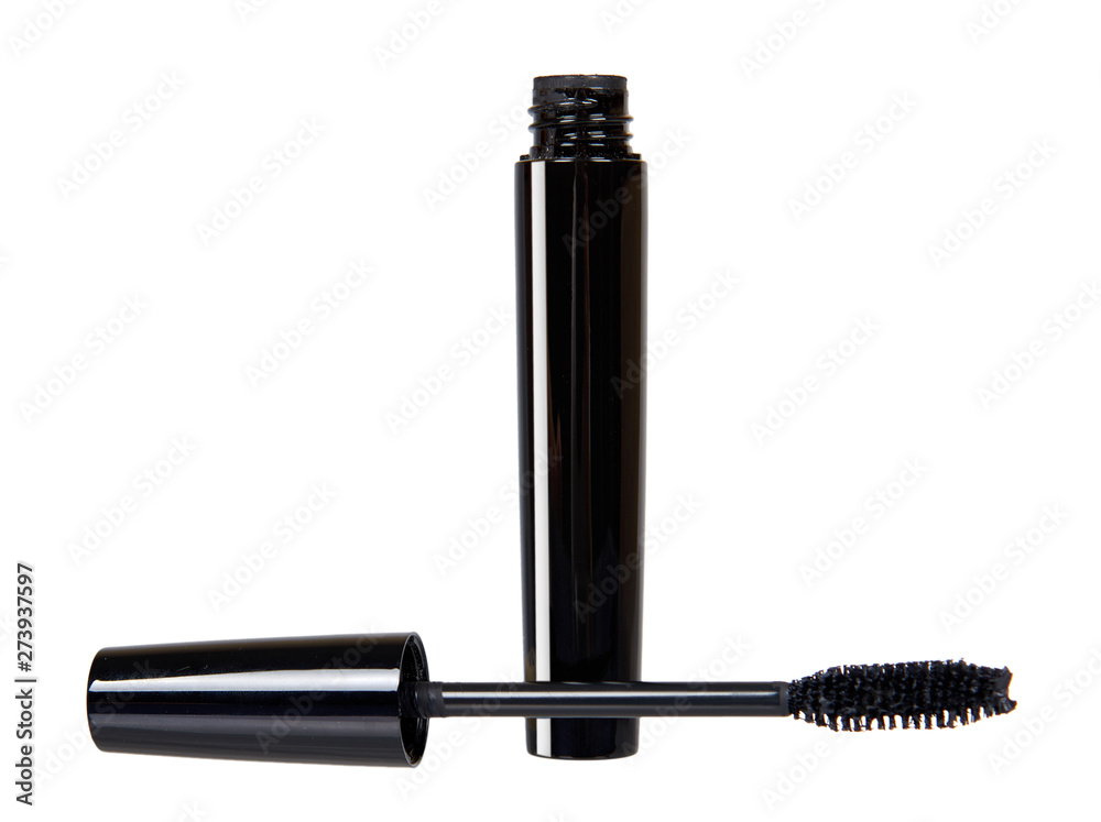 Black mascara, eye makeup brush. Isolated background Black mascara, eye makeup brush. Isolated background