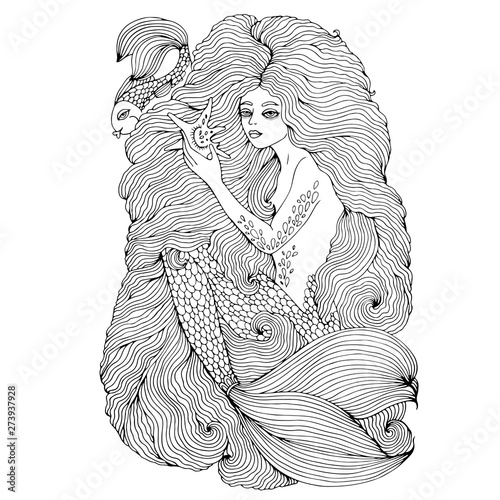 Vector coloring drawing fantastic sea mermaid, women with long wavy hair. Ornamental decorated graphic illustration mermaid tattoo. Sea goddess print t-shirts. Mystery Fairy tale mythical characters.