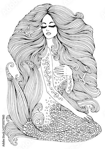 Vector coloring drawing fantastic sea mermaid, women with long wavy hair. Ornamental decorated graphic illustration mermaid tattoo. Sea goddess print t-shirts. Mystery Fairy tale mythical characters.