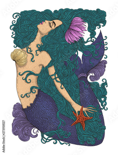 Vector colored drawing fantastic sea mermaid with long green wavy hair. Ornamental decorated graphic illustration mermaid tattoo. Sea goddess print t-shirts. Mystery Fairy tale mythical characters.
