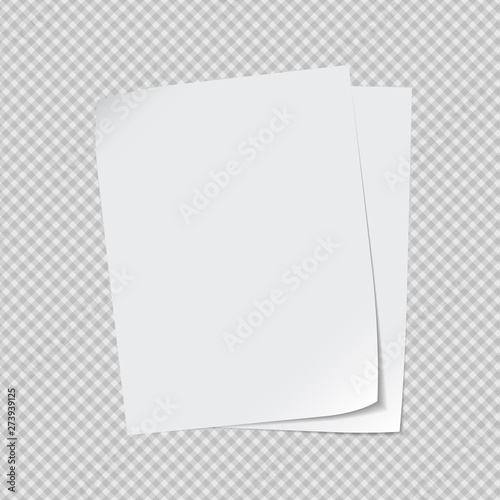 White note, notebook paper with curled corner for text or advertising message on grey squared background