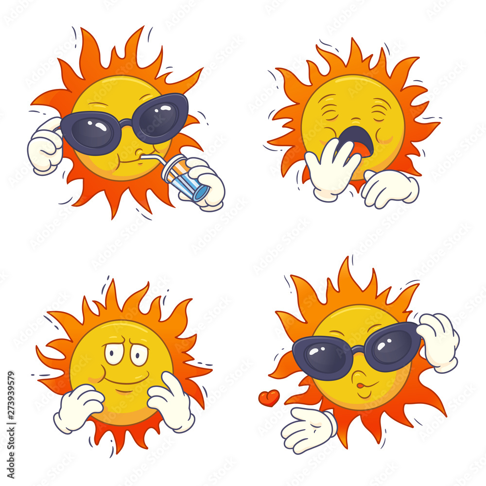 Set of cartoon sun characters.Vector isolated colored illustration. Can used for  printing on clothes, banners, posters, web   design. 