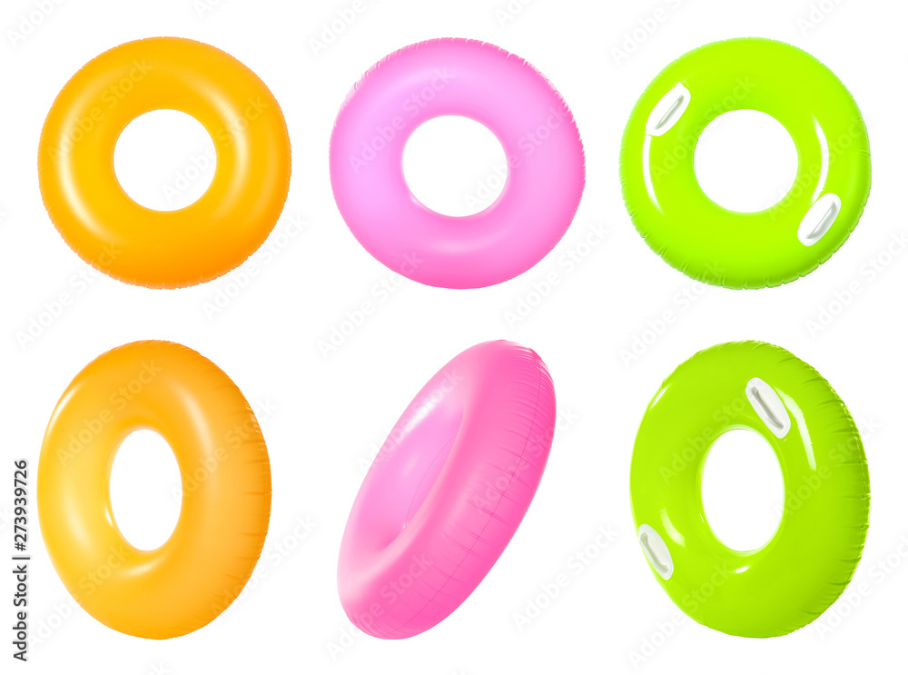 Set of bright inflatable rings on white background Set of bright inflatable rings on white background
