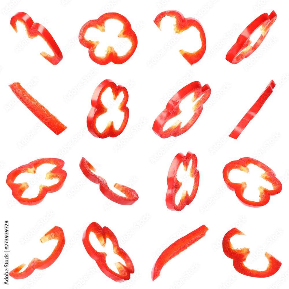 Set of flying cut fresh bell pepper on white background Set of flying cut fresh bell pepper on white background