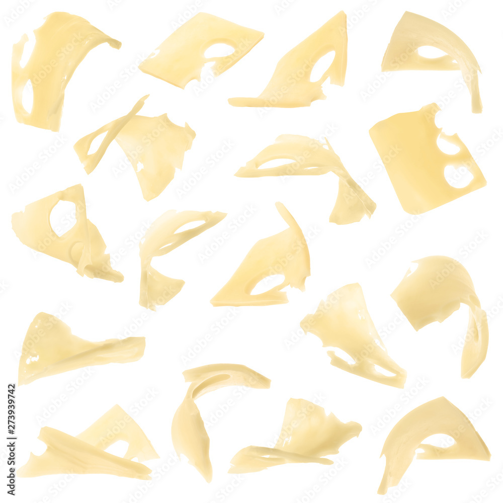 Set of flying delicious cheese on white background