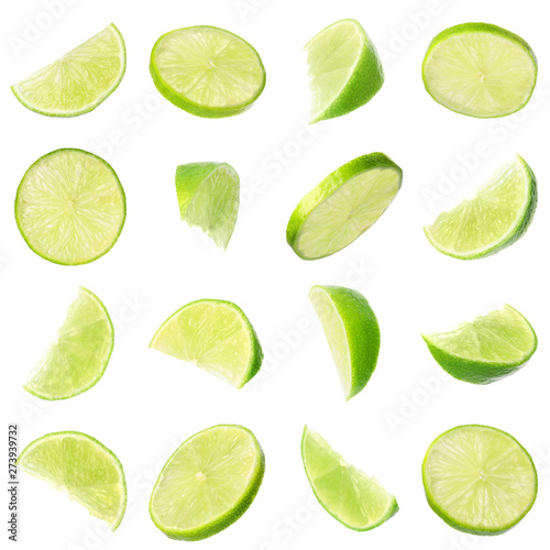 Set of flying cut fresh juicy lime on white background