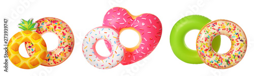 Set of bright inflatable rings on white background